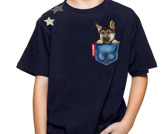 Haustier (Schäferhund) in einer Jeanstasche T-Shirts. Personalisiertes Hunde-T-Shirt, Geschenk für Hundeliebhaber, Schäferhund-T-Shirt, lustiges Hunde-Shirt