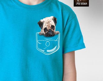 Pet (PUG Dog) in a Pocket T-Shirts. kids t-shirts, Adults tee, fun dog kids t-shirts, couple t-shirts, dog lover t-shirt, pug tees