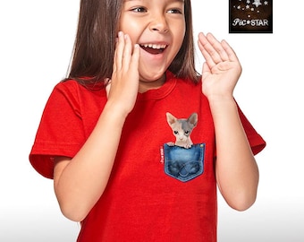 Haustier (Sphynx cat) in einer Jeanstasche T-Shirts. Niedliches Katzen-T-Shirt, lustige Katzen-T-Shirts, Sphynx-Katzen-T-Shirt, einzigartiges Designt-stück, Katzenliebhaber-T-Shirt