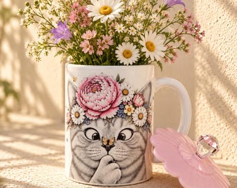 Taza con diseño único de gato de pelo corto con corona de flores.