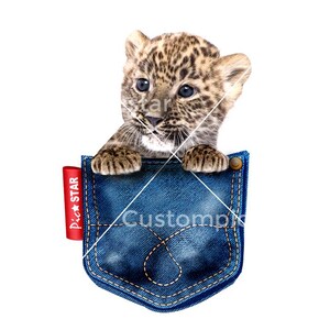 May include: A cute leopard cub peeking out of a blue denim pocket with a red label that says "Pic★Star Customprint".
