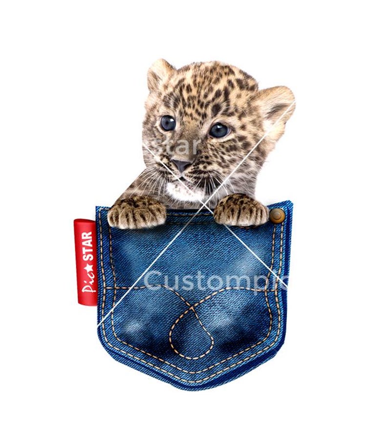 May include: A cute leopard cub peeking out of a blue denim pocket with a red label that says "Pic★Star Customprint".