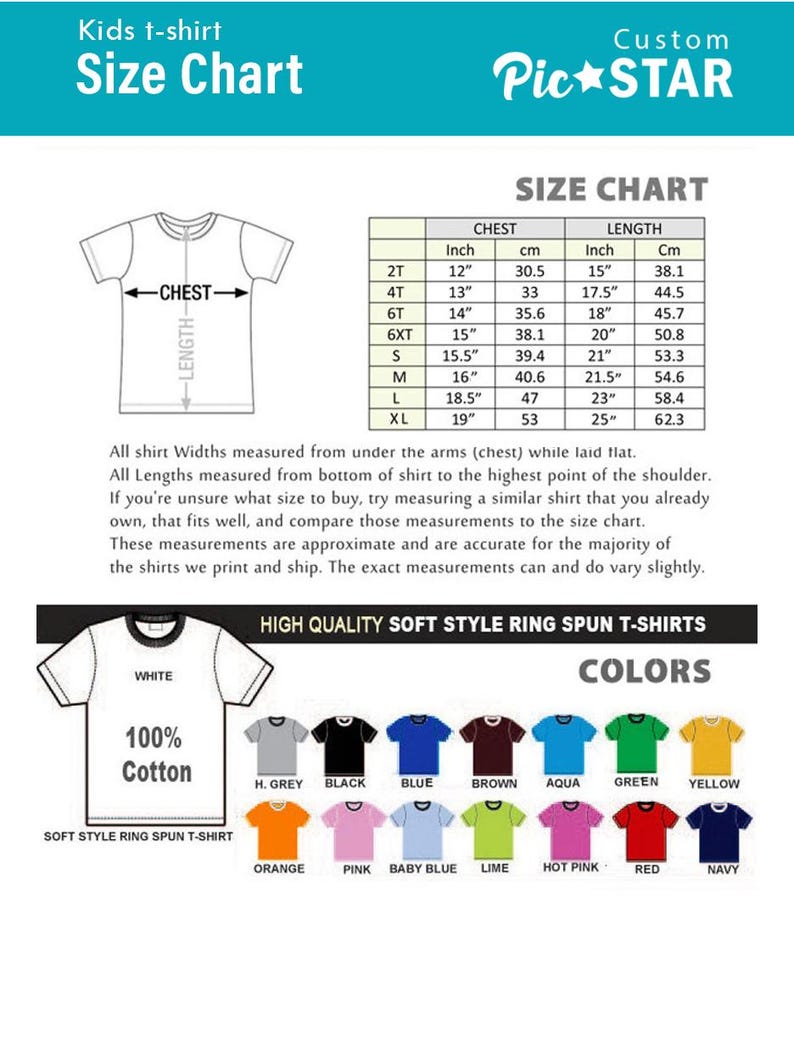 May include: Kids' t-shirt size chart with measurements in inches and centimetres. The chart shows chest and length measurements for sizes 2T through XL. The chart also includes a colour chart with 12 different colours for the t-shirts.