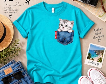 Haustier (weiße Kurzhaar-Katze) in einer Jeanstasche T-Shirts. Niedliches weißes Katzen T-Shirt, t-Shirt für Erwachsene, lustiges Katzen T-Shirt, weißes Katzen T-Shirt, Katzenliebhaber T-Shirt