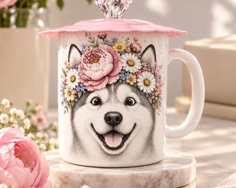 Unique Husky dog with Flower Crown Art Mug, dog mug, husky mug