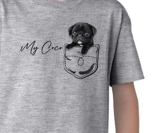 Black pug pocket tee, Custom Pet pocket Tee, Your Pet With Custom Text in a pocket, Custom Dog Gift, personalized dog t-shirts,