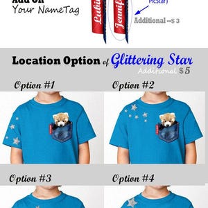 May include: Four variations of a blue t-shirt with a red panda peeking out of a denim pocket. The t-shirts have different placements of silver glitter stars. The text "Option #1", "Option #2", "Option #3", and "Option #4" are displayed below each t-shirt.