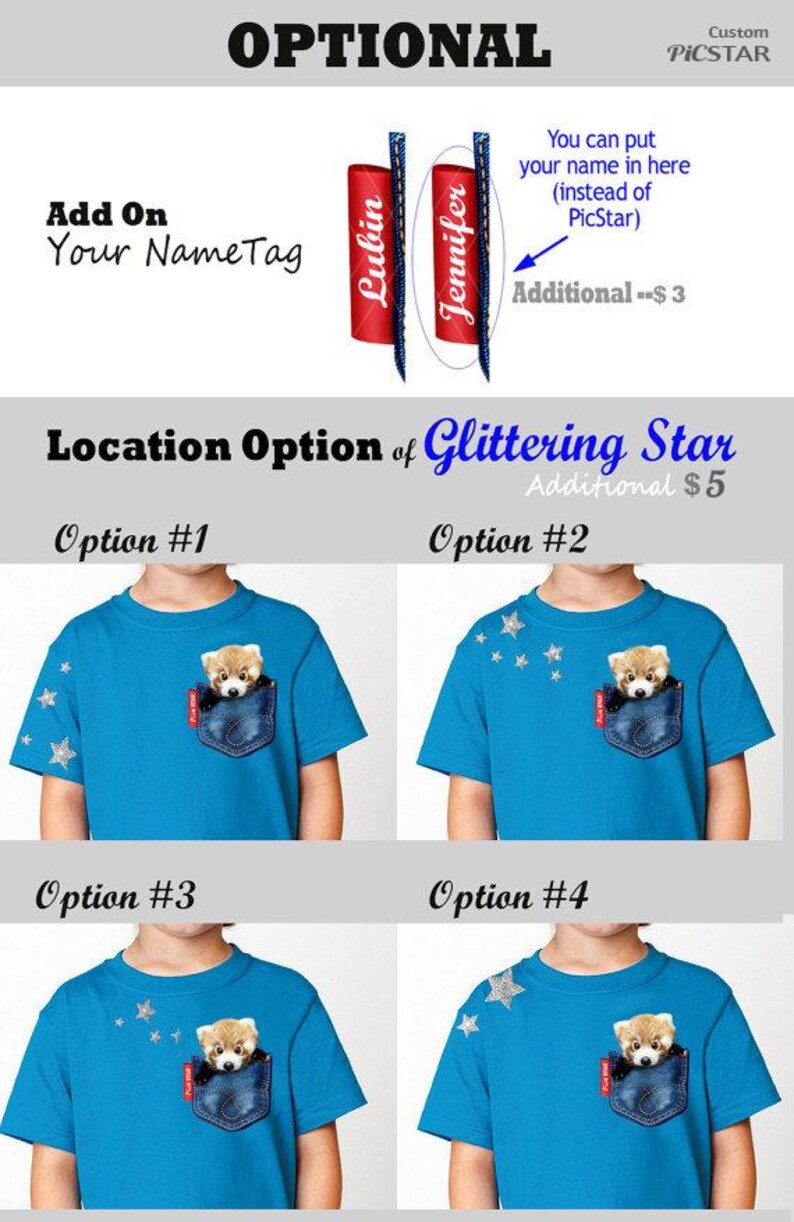 May include: Four variations of a blue t-shirt with a red panda peeking out of a denim pocket. The t-shirts have different placements of silver glitter stars. The text "Option #1", "Option #2", "Option #3", and "Option #4" are displayed below each t-shirt.