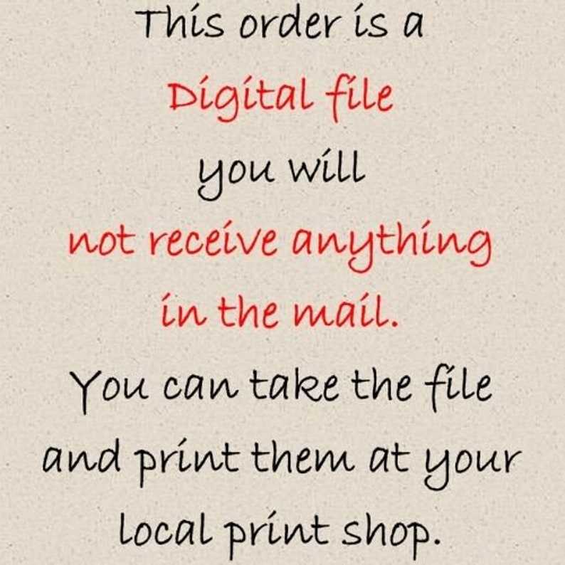 Op de afbeelding: Tekst op een witte achtergrond die luidt: "Deze bestelling is een digitaal bestand dat je niet per post zult ontvangen. Je kunt het bestand downloaden en afdrukken bij je lokale printshop."