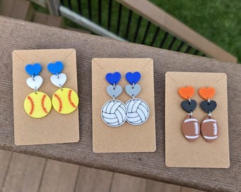 3D Printed Sports Ball Heart Earrings — Custom Team Color Stud Dangle Jewelry