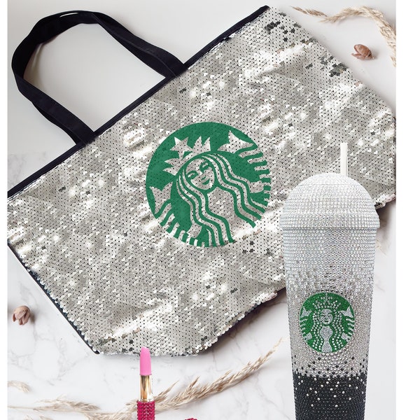 Starbucks 24 oz Rhinestone Tumbler with Large Starbucks Sequin Tote Bag