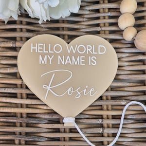 May include: A beige heart-shaped sign with the text "HELLO WORLD MY NAME IS Rosie" in white. It has a white string attached, resembling a balloon. The background is a woven wicker pattern.
