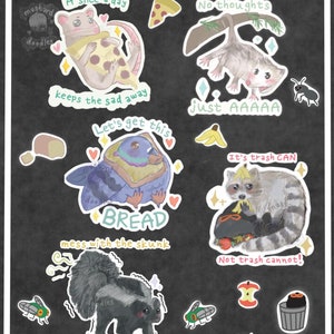 Hoja de calcomanías de Trash Critters / Rata, zarigüeya, paloma, mapache, zorrillo / Animales divertidos y tontos / Juegos de palabras humorísticos / Vinilo brillante / Vida salvaje