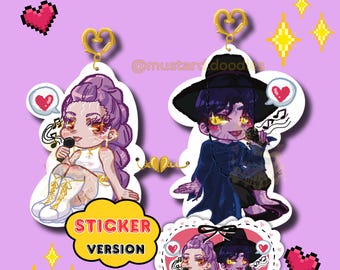 Handmade Rujinu heart magnet linked keychain, KPDH huntr/x saja boys huntrix, cute kawaii anime couples chibi holographic sticker