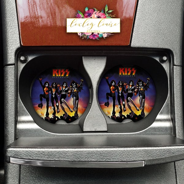 KISS car coasters, set of 2, KISS Band, Car coaster for men, KISS Destroyer, Kiss, car accessories, guy car, rock n roll, 80s bands