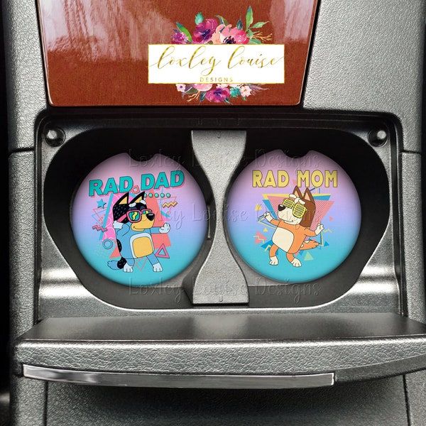 Bluey Rad Dad and Rad Mom Car Coasters, set of 2, Chilli and Bandit, Bluey, Car accessories, Gift For Moms, Car Coasters, Bluey and Bingo