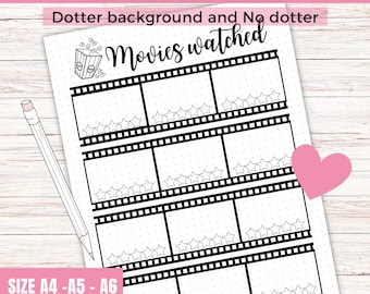 Movies Watched Tracker Bullet Journal printable page, Monthly Movie Log , movie tracker  journal