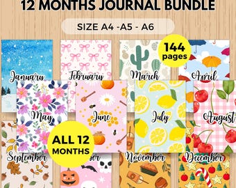 12 months journal bundle pre coloured printable journal page, bullet journal 2026 bundle, agenda 2026, Precolored Monthly Planner Pages