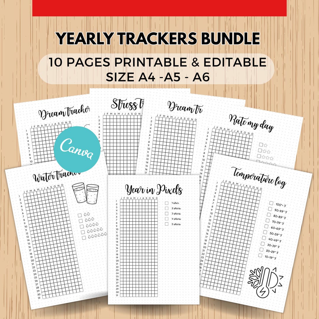 Yearly Trackers Bundle Canva Template Editable E Printable Journal Page ...