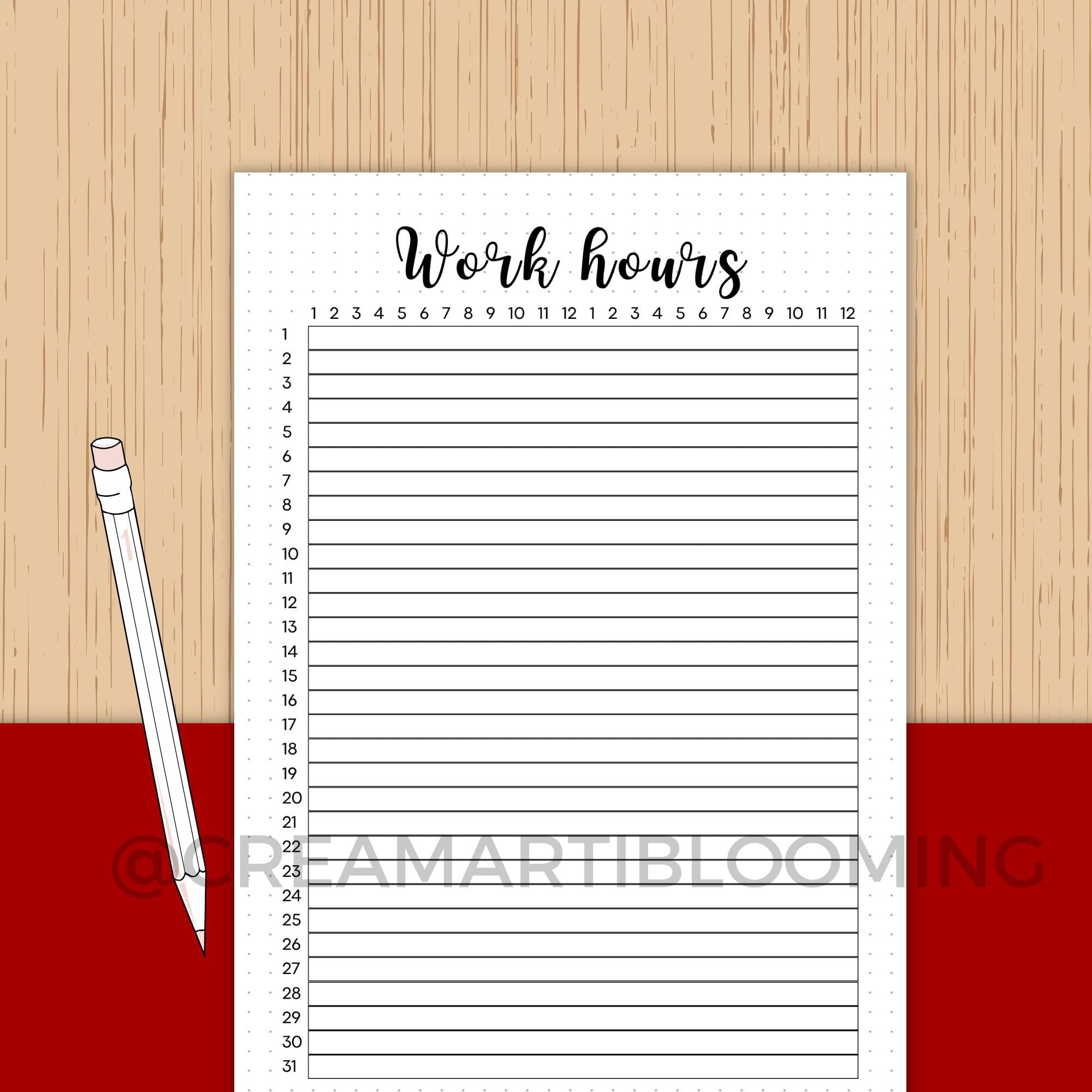 Work Hours Tracker Printable Journal Page Work Hours Monthly Page, Time ...