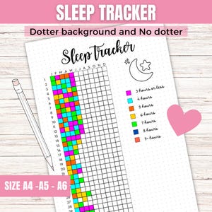 Op de afbeelding: Een wit slaaptracker-dagboek met een raster voor maandelijkse tracking. De titel "Sleep Tracker" staat bovenaan, met een sleutel voor de slaapduur met behulp van gekleurde vierkanten. Een potlood en een roze hart zijn ook zichtbaar.