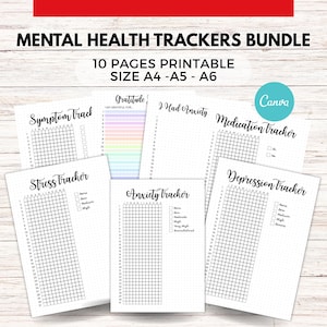 Może przedstawiać: Zestaw drukowanych trackerów zdrowia psychicznego. Zestaw zawiera 10 stron w formatach A4, A5 i A6. Trackery obejmują trackery objawów, stresu, lęku i depresji, a także tracker leków i dziennik wdzięczności.