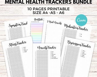 Mental Health Trackers Bundle Canva template Editable & Printable Journal Pages, A4-A5-A6 Size