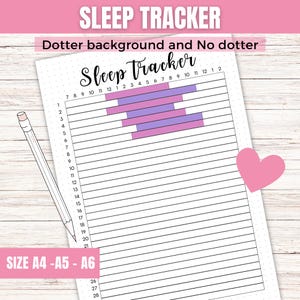 May include: A white sleep tracker journal with the title "Sleep Tracker" in a pink banner. The journal has horizontal lines for tracking sleep patterns, with pink and purple bars indicating sleep duration. A pencil and a pink heart are also visible.