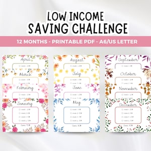 Puede incluir: Un conjunto de PDF imprimibles Low Income Saving Challenge con 12 hojas mensuales en formato A6 o US Letter. Cada hoja muestra el nombre del mes, bordes florales y rastreadores de ahorro semanales con casillas y montos para metas.