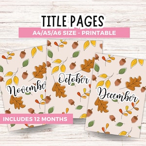 Title Pages Bundle Leaves, cozy printable journal page, bullet journal cover page, includes 12 month, Leaves title page