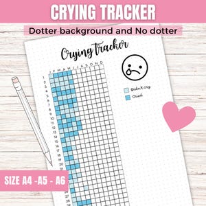 Puede incluir: Una hoja de papel blanca con un "Crying Tracker" y una cuadrícula con cuadrados azules. Un lápiz y un corazón rosa son visibles. El texto incluye "Didn't cry" y "Cried". Disponible en tamaños A4, A5 y A6.