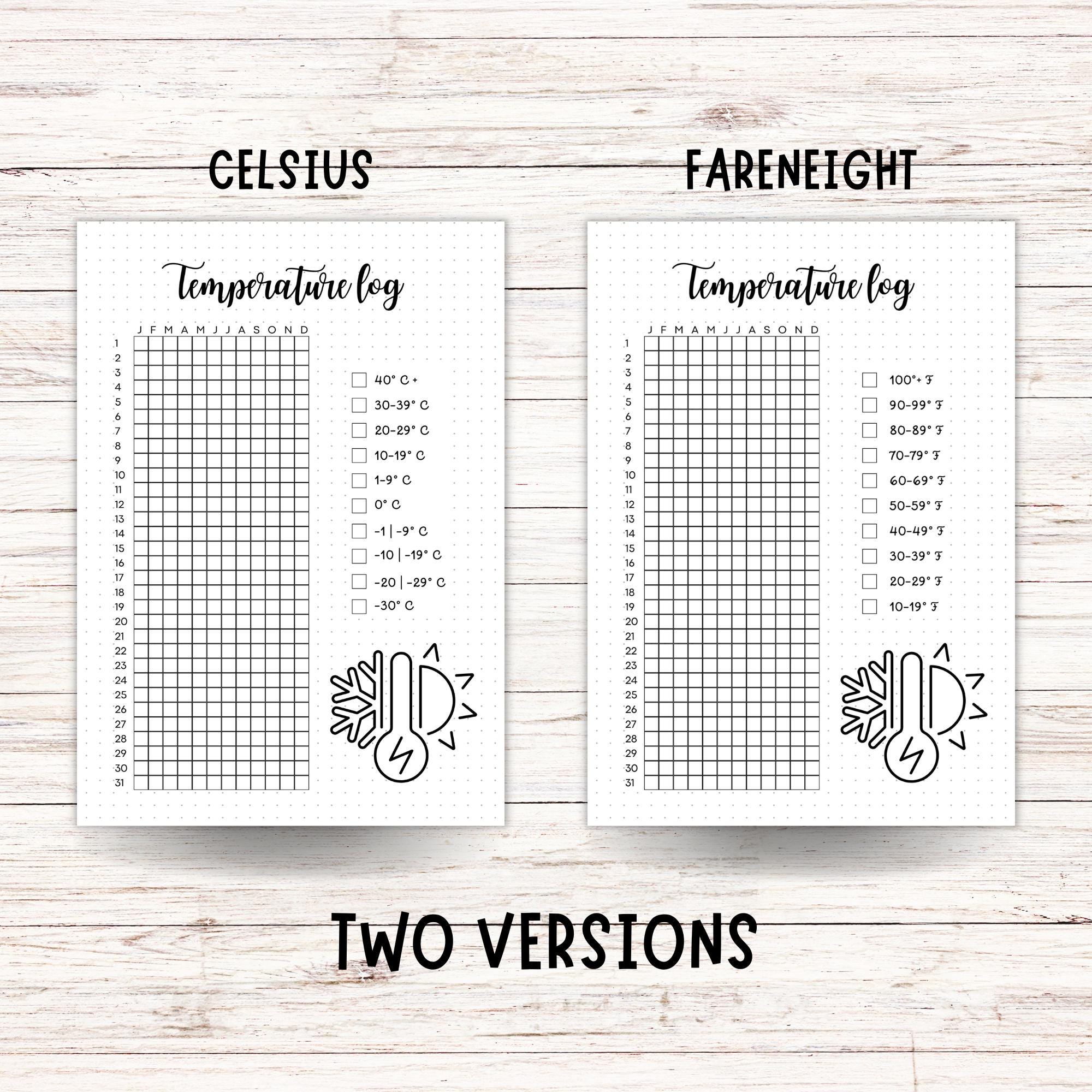 Temperature Log Cell Printable Temperature Log: Celsius & Fahrenheit Weather Tracker ...
