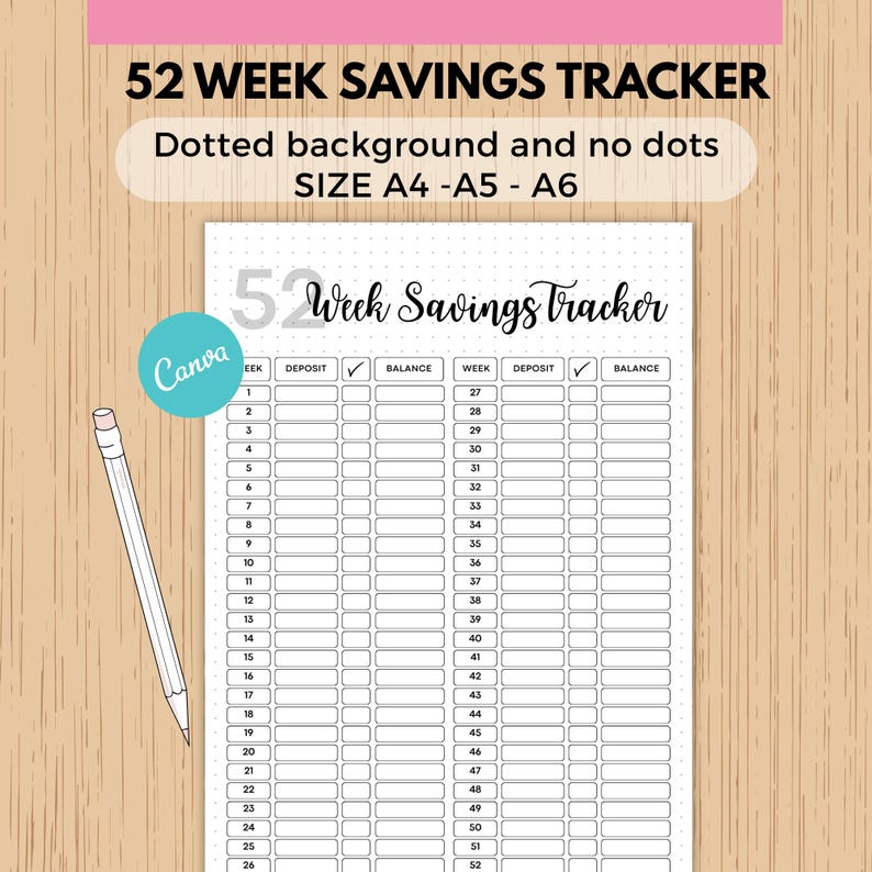 52 Week Savings Tracker Printable & Editable Canva Template Savings