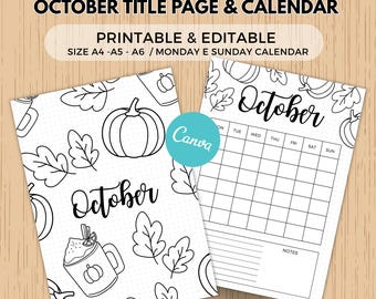 October Calendar canva template editable & printable october Title Page: A4 A5 Planner, October planner, october agenda