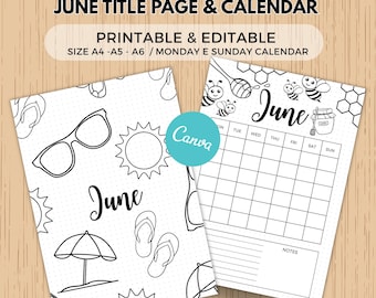 June Title Page canva template June Calendar - PRINTABLE Calendar - June Journal Cover - Monthly Planner Page - A4 A5 A6 Bullet Journal