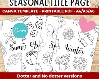 Saisonales Journal Titelseiten, Bullet Journal Druckbare Seiten & bearbeitbare Canva-Vorlage, druckbare Cover Set Frühling, Sommer, Herbst, Winter