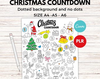 Christmas countdown coloring sheet editable canva template with PLR license, printable PDF, Holiday Activity for Kids & Families