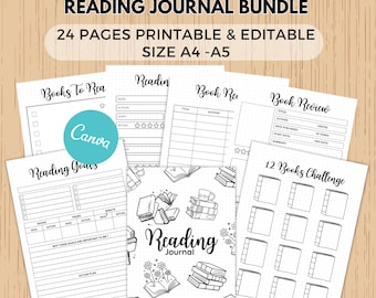 Lese Journal Bundle bearbeitbare Canva Vorlage, druckbare Lese Journal Seiten, Bücher Journaling, Bücher Tracker Bundle