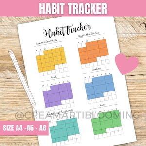 Puede incluir: Una hoja de seguimiento de hábitos blanca con las palabras "Habit Tracker" en la parte superior. La hoja incluye secciones para limpiar la habitación, lavar los platos, leer, cocinar, regar las plantas y correr. Un lápiz y un corazón rosa están a los lados.