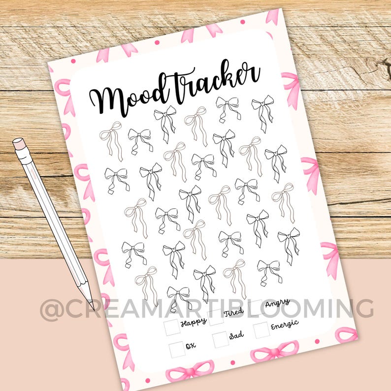 Pink Bow Mood Tracker Printable – Color Your Mood Daily, Bullet Journal ...