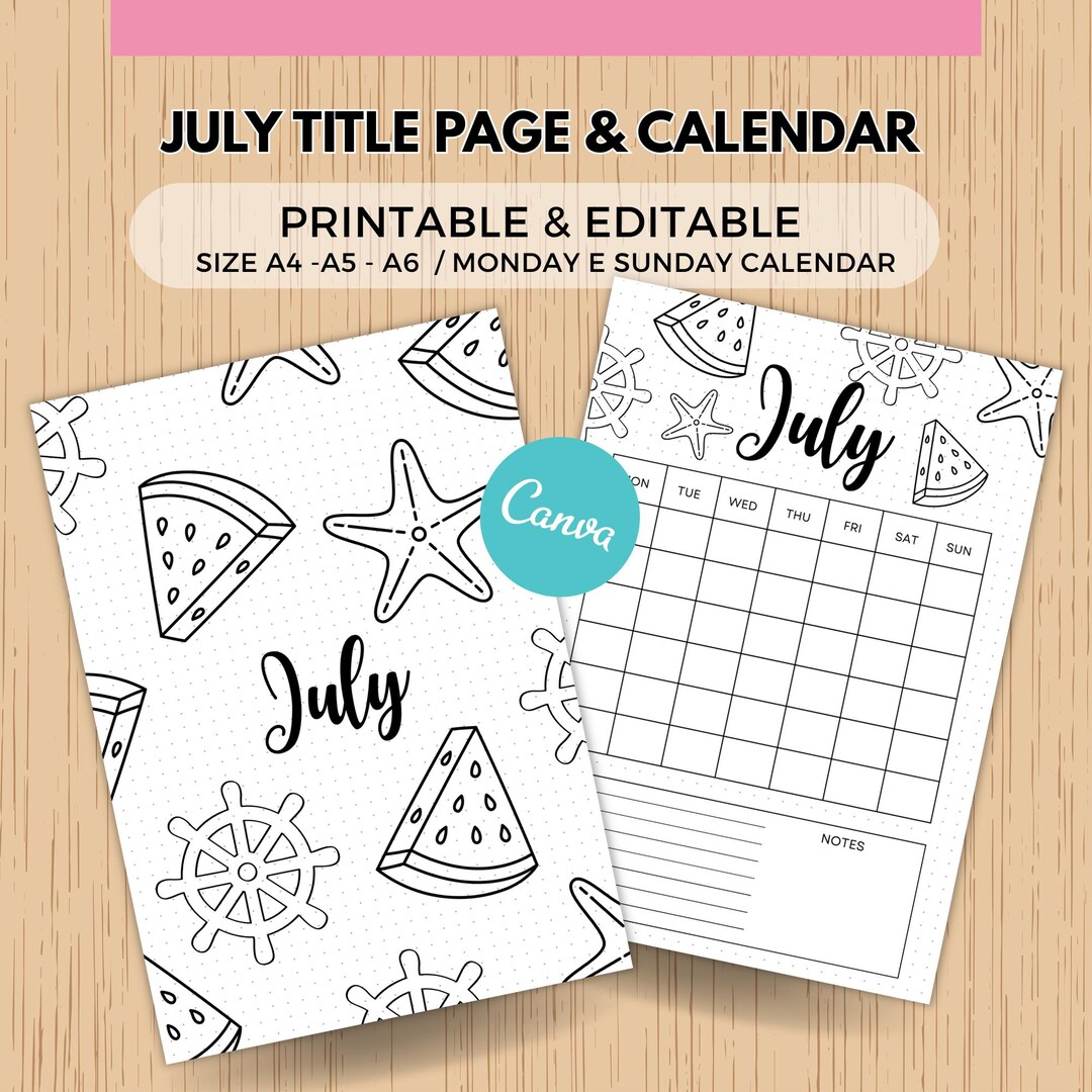 July Title Page Canva Template Editable July Calendar - PRINTABLE