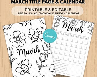 March Title Page & Calendar canva template editable PRINTABLE Calendar - March Journal Cover - Monthly Planner Page -  Bullet Journal
