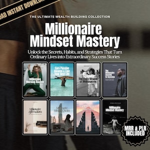 Op de afbeelding: Een collage van acht digitale boekomslagen met titels die betrekking hebben op het beheersen van de mindset van een miljonair. De titels zijn "Millionaire Morning Routine", "Earn Passive Income & Live Your Best Life", "The Daily Rituals of Millionaires", "The Millionaire Secrets to Success", "Millionaire Affirmations", "Millionaire Miracle Quotes", "Millionaire Mindset Mastery" en "The Millionaire Secrets to Success". De tekst "MRR & PLR INCLUDED" staat in een cirkel rechtsonder in de afbeelding.