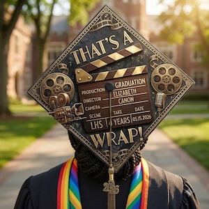Può includere: Un tocco di laurea nero con un design a ciak cinematografico con il testo THAT'S A WRAP, PRODUCTION GRADUATION, DIRECTOR ELIZABETH CANON, LHS, 4 YEARS e 05.15.2026. Include bobine di pellicola dorate, una cinepresa vintage e un microfono.