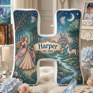 Custom Fairy Tale Princess Letter Shaped Pillow, Night Castle Moon Initial Cushion, Cute Baby Girl Birthday Gift, Fantasy Nursery Pillow