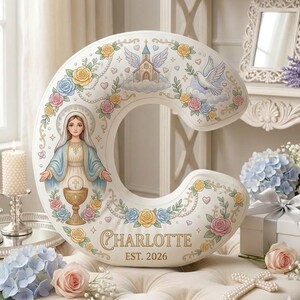 Custom Virgin Mary Letter Shaped Pillow, Personalized Catholic Baptism Initial Cushion, First Communion Gift Baby Girl, Cute Christening