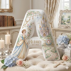 Custom Fairy Tale Princess Letter Shaped Pillow, Personalized Initial Cushion, Carriage Castle Nursery Decor, Baby Girl Birthday Gift Pillow