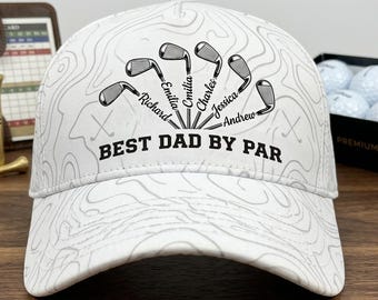 May include: White golf cap with a topographic pattern and the text "BEST DAD BY PAR." The cap features golf club graphics and names: Richard, Emilia, Charles, Jessica, and Andrew. A golf-themed gift.
