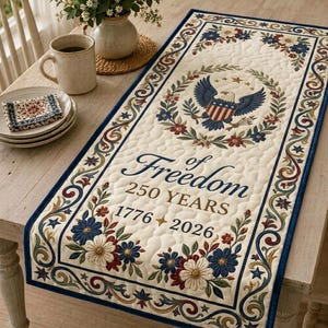 May include: Cream-colored table runner with a blue border and floral and scrollwork design. The center features an eagle emblem and the text "of Freedom 250 Years 1776-2026". Decorative table linen for patriotic home decor.