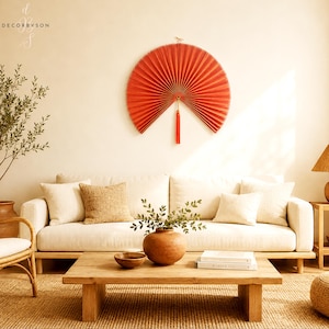 Stor orange bambu väggfläkt, 100 cm handgjord vietnamesisk väggkonst, 100 cm handgjord vietnamesisk väggdekor (100 cm)